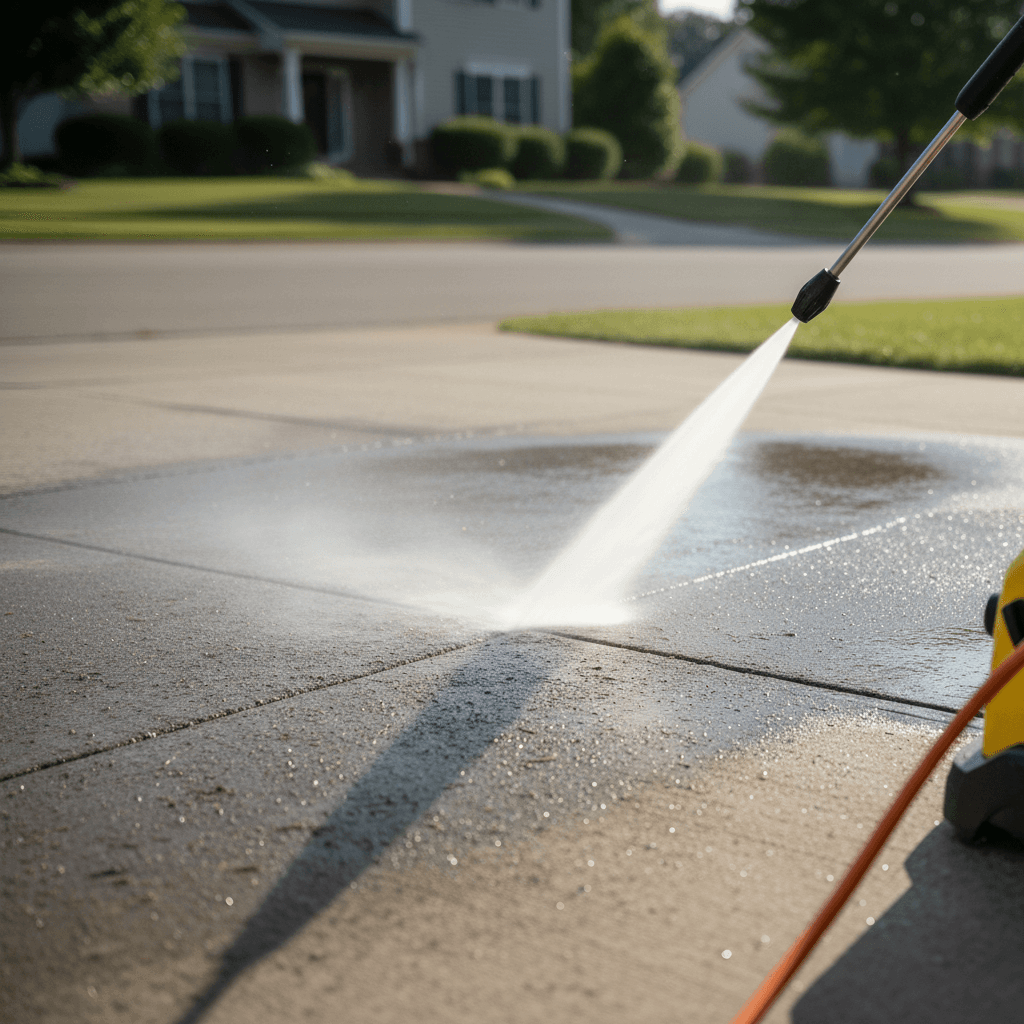 Close-up of pressure washer spray blasting dirt from concrete driveway, revealing clean surface beneath